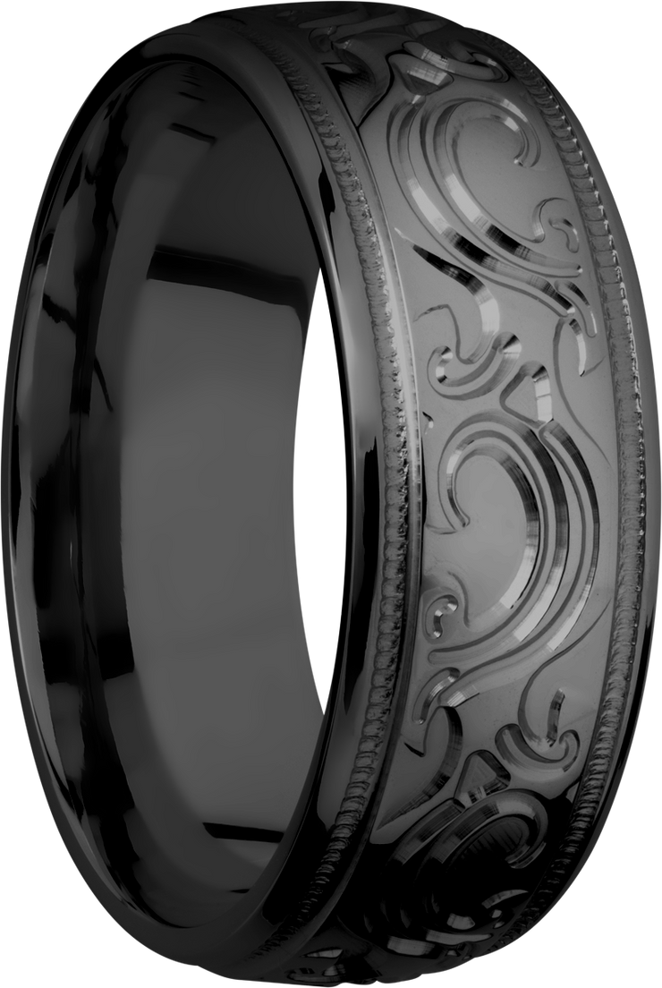 Zirconium 8mm domed band with a laser-carved scroll MJBA pattern