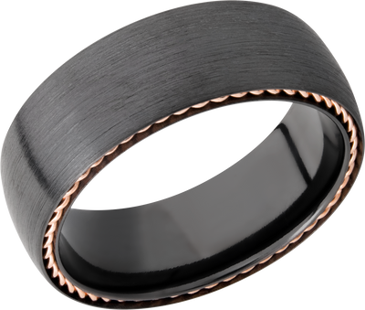 Zirconium 8mm domed band with 14K rose gold sidebraid edging