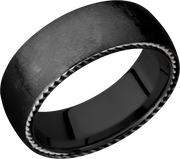 Zirconium 8mm domed band with sterling silver sidebraid edging