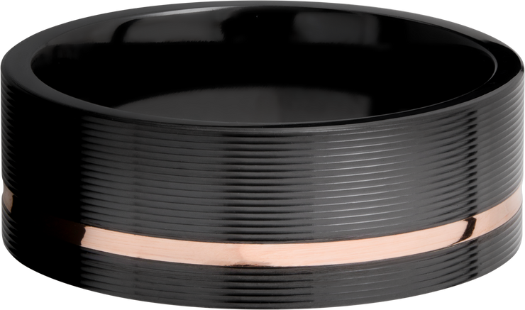 Zirconium 8mm flat band with an off center inlay of 14K rose gold