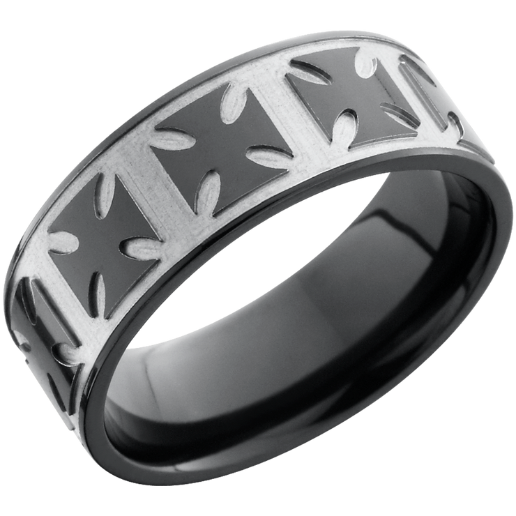 Zirconium 8mm flat band with a laser-carved maltese pattern