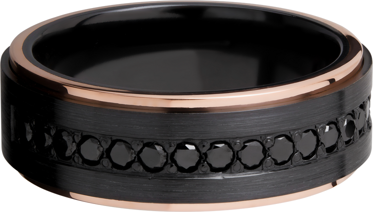 Zirconium 8mm flat band with 14K rose gold grooved edges and 16, .04ct bead-set eternity black diamonds