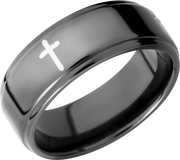 Zirconium 8mm flat band with grooved edges and a laser-carved cross pattern
