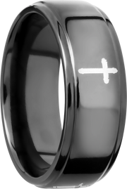 Zirconium 8mm flat band with grooved edges and a laser-carved cross pattern