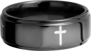 Zirconium 8mm flat band with grooved edges and a laser-carved cross pattern