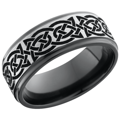 Zirconium 8mm flat band with a laser-carved celtic pattern