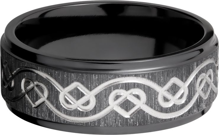 Zirconium 8mm flat band with a laser-carved celtic heart pattern