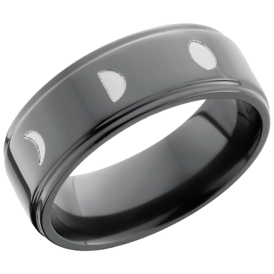 Zirconium 8mm flat band with a laser-carved moon phase pattern