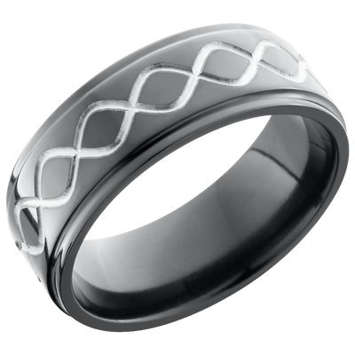 Zirconium 8mm flat band with a laser-carved tall infinity pattern