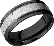 Zirconium 8mm flat band with reverse milgrain and an inlay of authentic Gibeon Meteorite