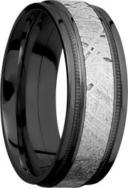 Zirconium 8mm flat band with reverse milgrain and an inlay of authentic Gibeon Meteorite