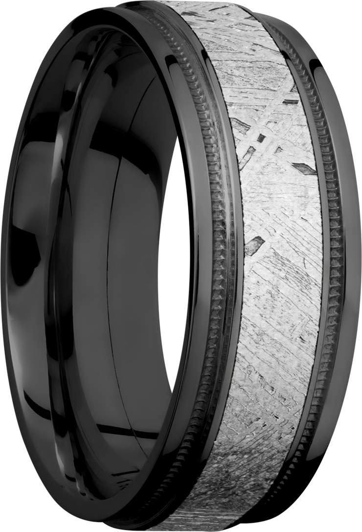 Zirconium 8mm flat band with reverse milgrain and an inlay of authentic Gibeon Meteorite