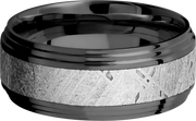 Zirconium 9mm flat band with two steps and an inlay of authentic Gibeon Meteorite
