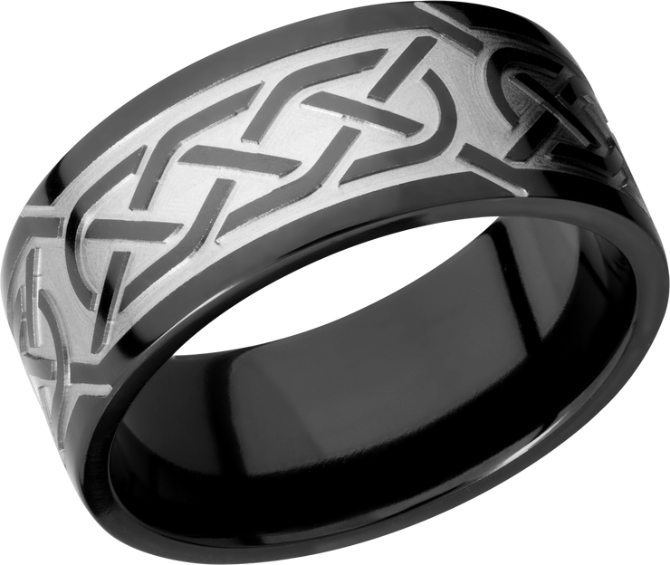 Zirconium 9mm flat band with a laser-carved celtic pattern