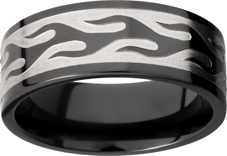 Zirconium 9mm flat band with a laser-carved contour flame pattern