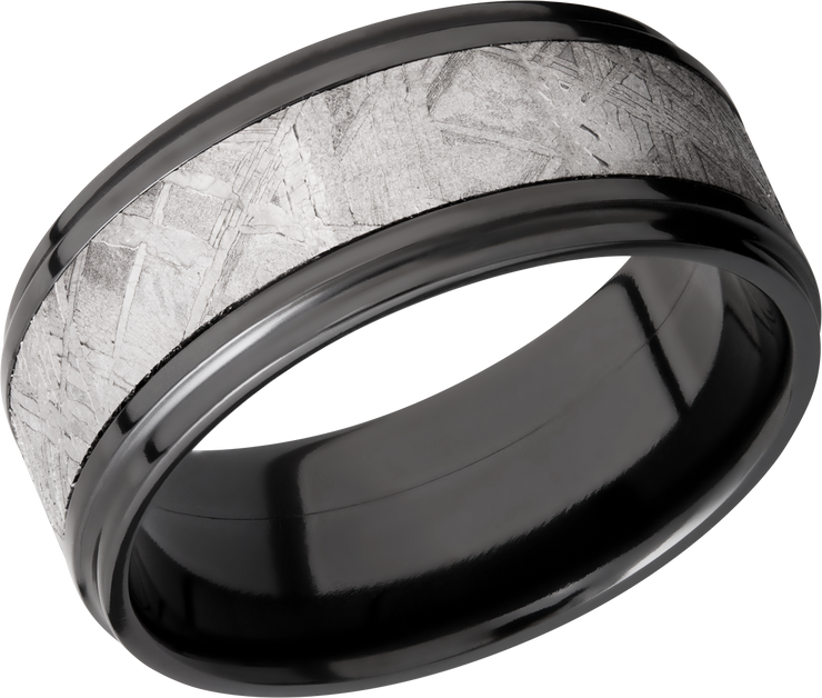 Zirconium 9mm flat band with an inlay of authentic Gibeon Meteorite