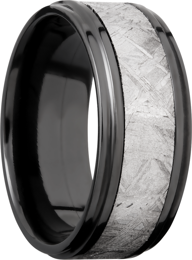 Zirconium 9mm flat band with an inlay of authentic Gibeon Meteorite