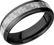 Zirconium 6mm flat band with grooved edges and a 3mm inlay of silver Carbon Fiber