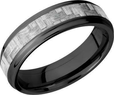 Zirconium 6mm flat band with grooved edges and a 3mm inlay of silver Carbon Fiber