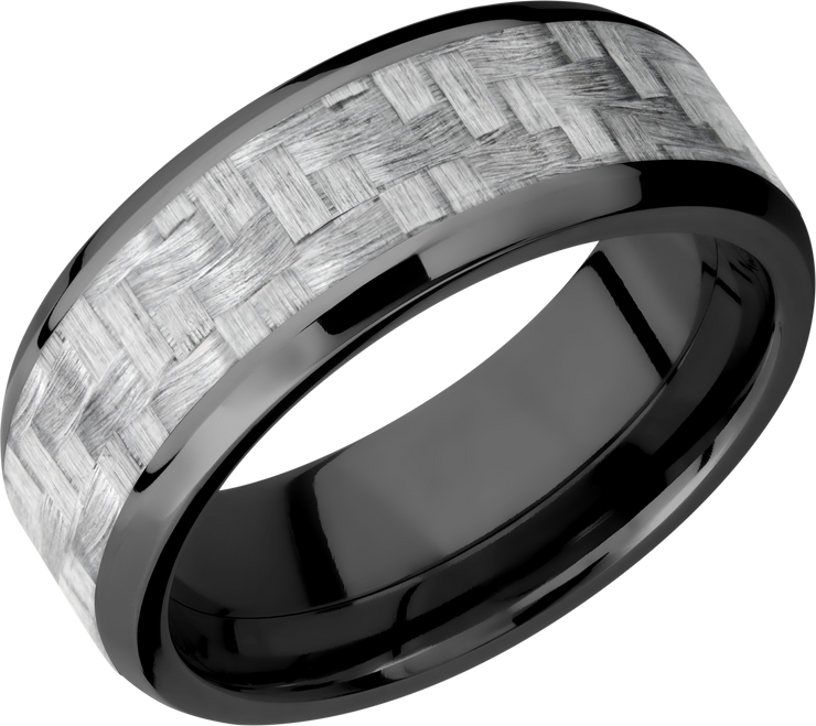 Zirconium 8mm beveled band with a 5mm inlay of silver Carbon Fiber