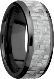 Zirconium 8mm beveled band with a 5mm inlay of silver Carbon Fiber