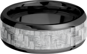 Zirconium 8mm beveled band with a 5mm inlay of silver Carbon Fiber