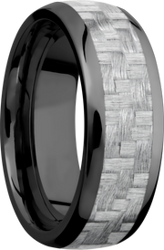 Zirconium 8mm domed band with a 5mm inlay of silver Carbon Fiber