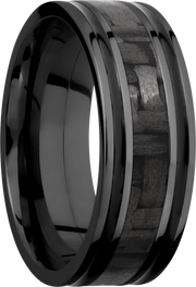 Zirconium 8mm flat band with a 3mm inlay of black Carbon Fiber and 2, 1mm inlays of Cerakote