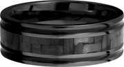 Zirconium 8mm flat band with a 3mm inlay of black Carbon Fiber and 2, 1mm inlays of Cerakote