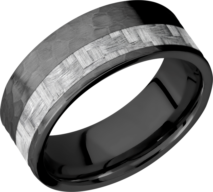Zirconium 8mm flat band with a 3mm off-centered inlay of silver Carbon Fiber