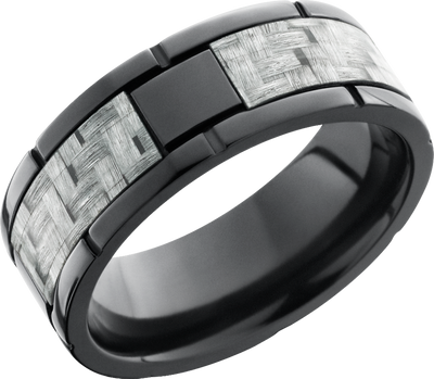 Zirconium 8mm flat band with segment details and a 4mm inlay of silver Carbon Fiber
