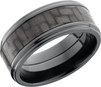 Zirconium 9mm flat band with grooved edge and a 5mm inlay of black Carbon Fiber