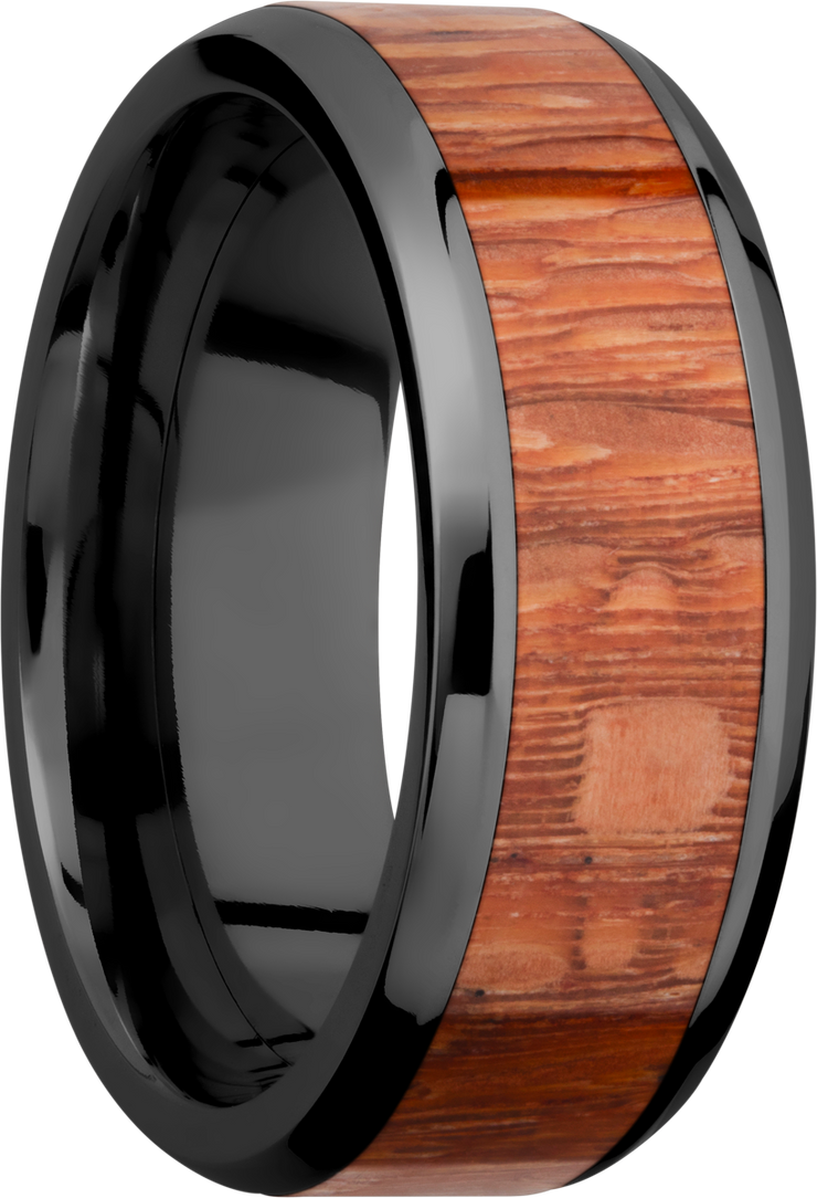 Zirconium 8mm beveled band with an inlay of Leopard hardwood