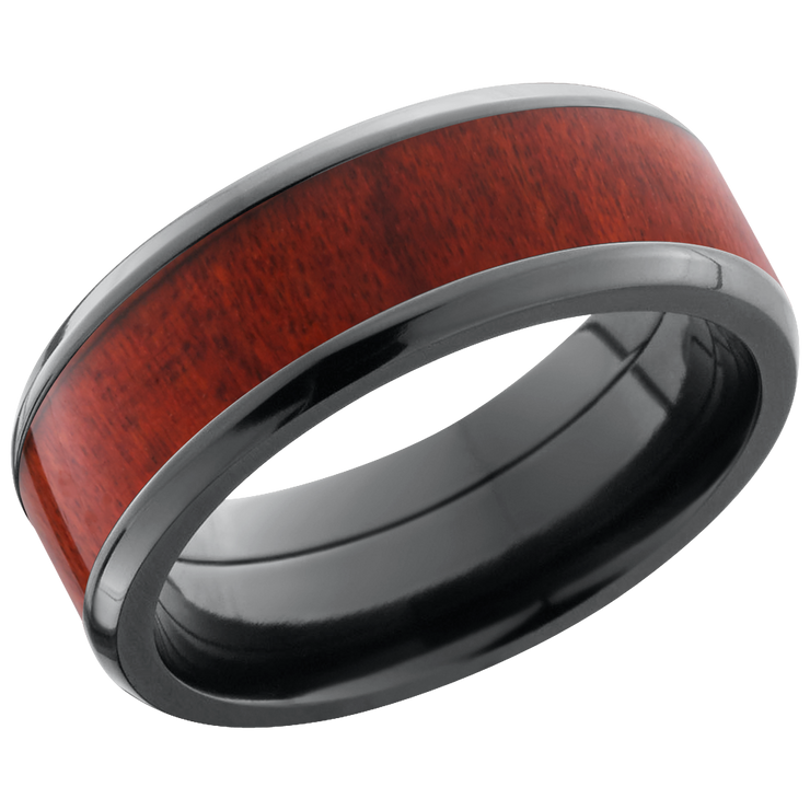 Zirconium 8mm beveled band with an inlay of Honduras Redheart hardwood