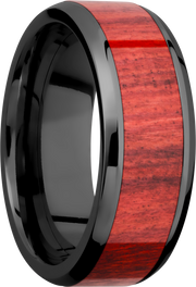Zirconium 8mm beveled band with an inlay of Honduras Redheart hardwood