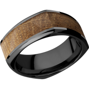 Zirconium 8mm beveled square band with an inlay of Whiskey Barrel hardwood