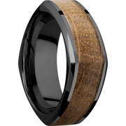 Zirconium 8mm beveled square band with an inlay of Whiskey Barrel hardwood