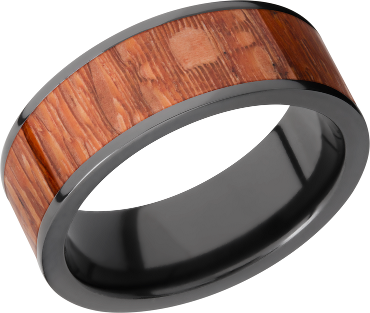 Zirconium 8mm flat band with an inlay of Leopard wood