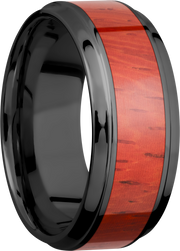 Zirconium 9mm beveled band with an inlay of Padauk hardwood