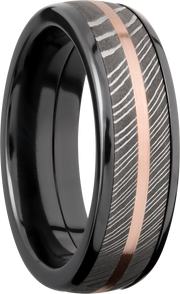 Zirconium domed 7mm band with a 5mm inlay of handmade Damascus steel and a 1mm inlay of 14K rose gold