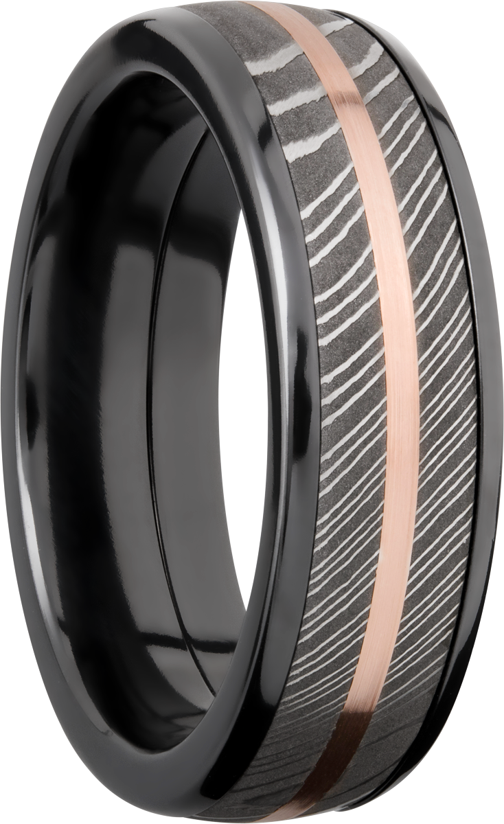 Zirconium domed 7mm band with a 5mm inlay of handmade Damascus steel and a 1mm inlay of 14K rose gold