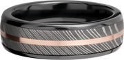 Zirconium domed 7mm band with a 5mm inlay of handmade Damascus steel and a 1mm inlay of 14K rose gold
