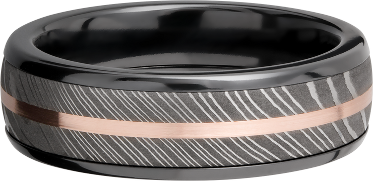 Zirconium domed 7mm band with a 5mm inlay of handmade Damascus steel and a 1mm inlay of 14K rose gold