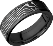 Zirconium flat 7mm band with a 5mm inlay of handmade flattwist Damascus steel