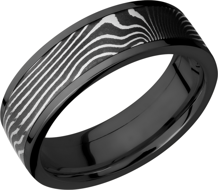 Zirconium flat 7mm band with a 5mm inlay of handmade flattwist Damascus steel