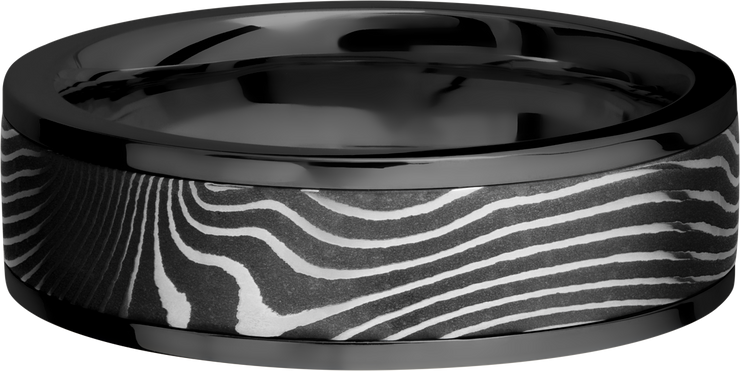 Zirconium flat 7mm band with a 5mm inlay of handmade flattwist Damascus steel